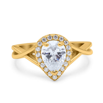 14K Yellow Gold Teardrop Pear Halo Twist Infinity Shank Art Deco Engagement Wedding Bridal Ring Round Simulated CZ Size-7